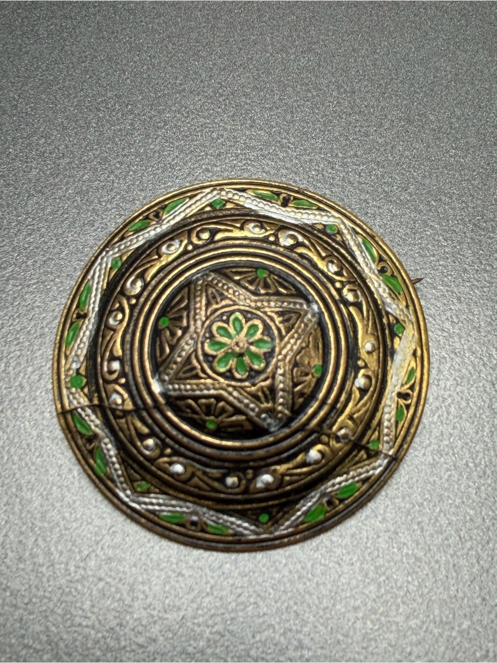 🙈2/$40 Antique Damascene Brooch - Green Accents